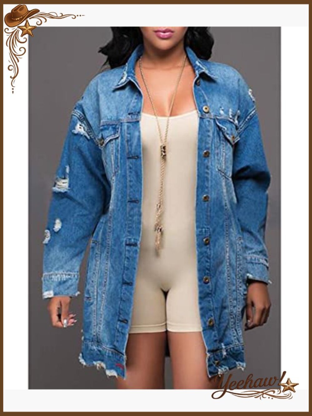 Distressed Denim Trucker Jacket Ripped Long Sleeve Button Front Oversized - Picture 4 of 7